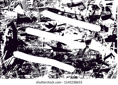 Distressed background in black and white texture with dots, spots, scratches and lines. Abstract vector illustration