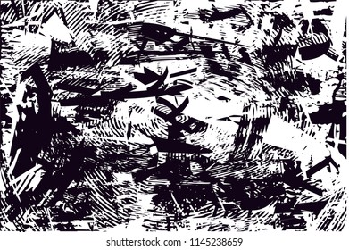 Distressed background in black and white texture with dots, spots, scratches and lines. Abstract vector illustration