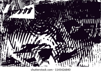 Distressed background in black and white texture with dots, spots, scratches and lines. Abstract vector illustration