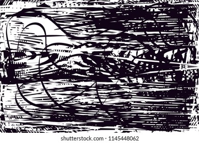 Distressed background in black and white texture with dots, spots, scratches and lines. Abstract vector illustration