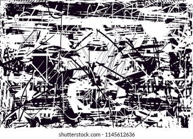 Distressed background in black and white texture with dots, spots, scratches and lines. Abstract 
 illustration