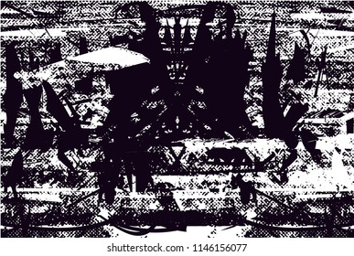 Distressed background in black and white texture with dots, spots, scratches and lines. Abstract 
 illustration