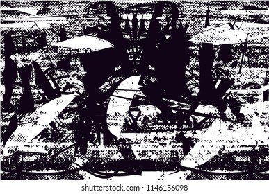 Distressed background in black and white texture with dots, spots, scratches and lines. Abstract 
 illustration