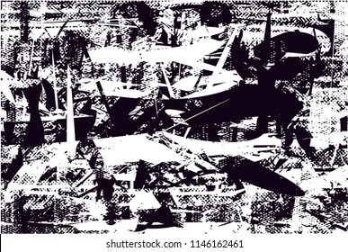 Distressed background in black and white texture with dots, spots, scratches and lines. Abstract 
 illustration
