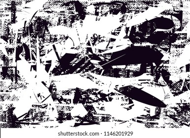 Distressed background in black and white texture with dots, spots, scratches and lines. Abstract vector illustration