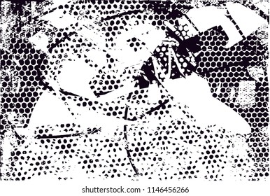 Distressed background in black and white texture with dots, spots, scratches and lines. Abstract 
 illustration