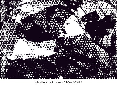 Distressed background in black and white texture with dots, spots, scratches and lines. Abstract 
 illustration