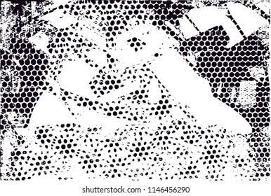 Distressed background in black and white texture with dots, spots, scratches and lines. Abstract 
 illustration