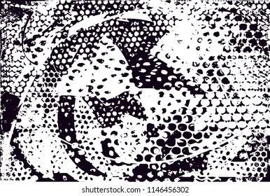 Distressed background in black and white texture with dots, spots, scratches and lines. Abstract 
 illustration