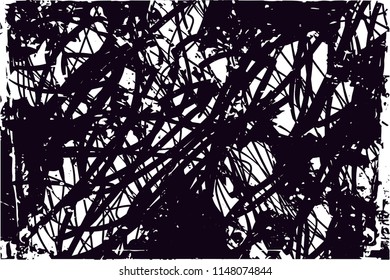 Distressed background in black and white texture with dots, spots, scratches and lines. Abstract illustration