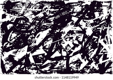 Distressed background in black and white texture with dots, spots, scratches and lines. Abstract vector illustration