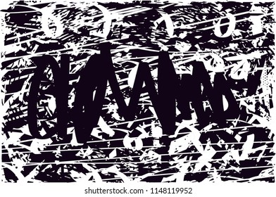 Distressed background in black and white texture with dots, spots, scratches and lines. Abstract vector illustration