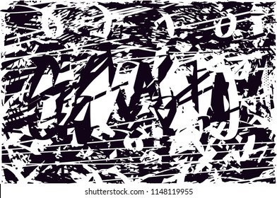 Distressed background in black and white texture with dots, spots, scratches and lines. Abstract vector illustration