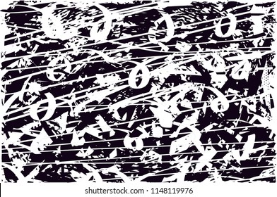 Distressed background in black and white texture with dots, spots, scratches and lines. Abstract vector illustration