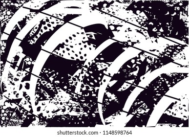 Distressed background in black and white texture with nets, dots, spots, scratches and lines. Abstract 
 illustr