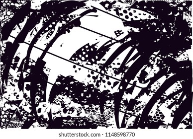 Distressed background in black and white texture with nets, dots, spots, scratches and lines. Abstract 
 illustr