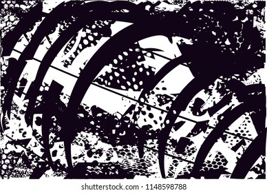 Distressed background in black and white texture with nets, dots, spots, scratches and lines. Abstract 
 illustr