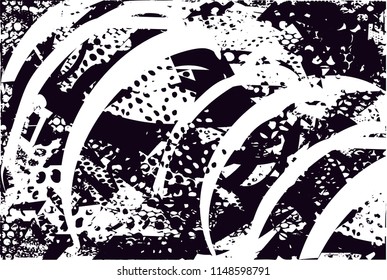 Distressed background in black and white texture with nets, dots, spots, scratches and lines. Abstract 
 illustr