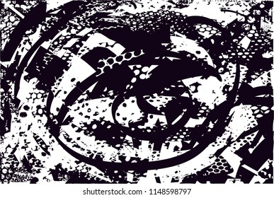 Distressed background in black and white texture with nets, dots, spots, scratches and lines. Abstract 
 illustr