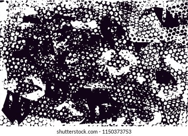 Distressed background in black and white texture with nets, dots, spots, scratches and lines. Abstract 
 illustration