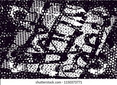 Distressed background in black and white texture with nets, dots, spots, scratches and lines. Abstract 
 illustration