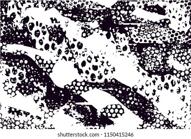 Distressed background in black and white texture with nets, dots, spots, scratches and lines. Abstract 
 illustration