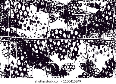 Distressed background in black and white texture with nets, dots, spots, scratches and lines. Abstract 
 illustration