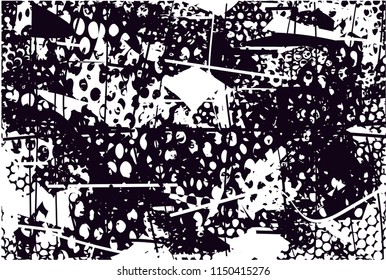 Distressed background in black and white texture with nets, dots, spots, scratches and lines. Abstract 
 illustration