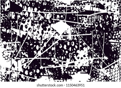 Distressed background in black and white texture with nets, dots, spots, scratches and lines. Abstract 
 illustration