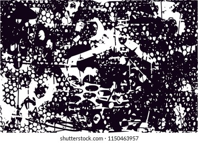Distressed background in black and white texture with nets, dots, spots, scratches and lines. Abstract 
 illustration