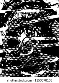 Distressed background in black and white texture with nets, dots, spots, scratches and lines. Abstract 
 illustration