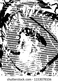 Distressed background in black and white texture with nets, dots, spots, scratches and lines. Abstract 
 illustration