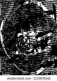 Distressed background in black and white texture with nets, dots, spots, scratches and lines. Abstract 
 illustration