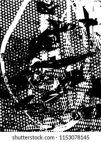 Distressed background in black and white texture with nets, dots, spots, scratches and lines. Abstract 
 illustration