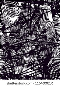 Distressed background in black and white texture with  circular shapes,dark spots, scratches and lines. Abstract vector illustration