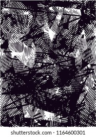 Distressed background in black and white texture with  circular shapes,dark spots, scratches and lines. Abstract vector illustration