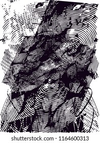 Distressed background in black and white texture with  circular shapes,dark spots, scratches and lines. Abstract vector illustration
