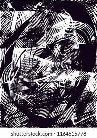 Distressed background in black and white texture with  circular shapes,dark spots, scratches and lines. Abstract vector illustration