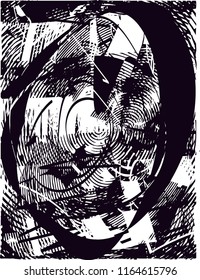 Distressed background in black and white texture with  circular shapes,dark spots, scratches and lines. Abstract vector illustration