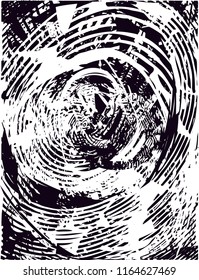 Distressed background in black and white texture with  circular shapes,dark spots, scratches and lines. Abstract vector illustration