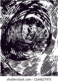 Distressed background in black and white texture with  circular shapes,dark spots, scratches and lines. Abstract vector illustration