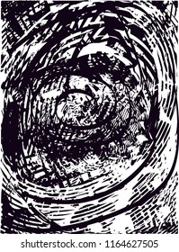 Distressed background in black and white texture with  circular shapes,dark spots, scratches and lines. Abstract vector illustration