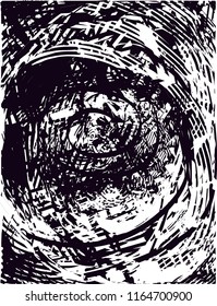 Distressed background in black and white texture with  circular shapes,dark spots, scratches and lines. Abstract vector illustration