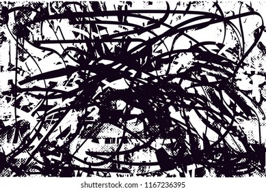 Distressed background in black and white texture with  dark spots, scratches and lines. Abstract vector illustration