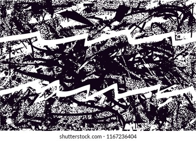 Distressed background in black and white texture with  dark spots, scratches and lines. Abstract vector illustration