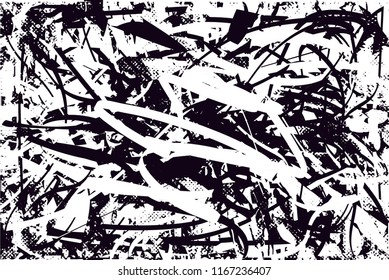 Distressed background in black and white texture with  dark spots, scratches and lines. Abstract vector illustration