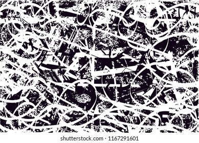 Distressed background in black and white texture with  dark spots, scratches and lines. Abstract vector illustration