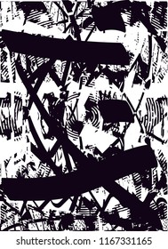 Distressed background in black and white texture with  dark spots, scratches and lines. Abstract vector illustration