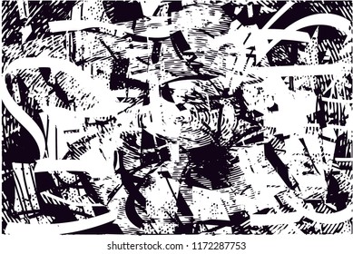 Distressed background in black and white texture with circles, spots, scratches and lines. Abstract vector illustration