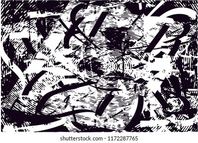 Distressed background in black and white texture with circles, spots, scratches and lines. Abstract vector illustration